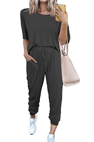 PRETTYGARDEN Women's Two Piece Outfit Short Sleeve Pullover with Drawstring Long Pants Tracksuit Jogger Set (Dark Grey,XX-Large)