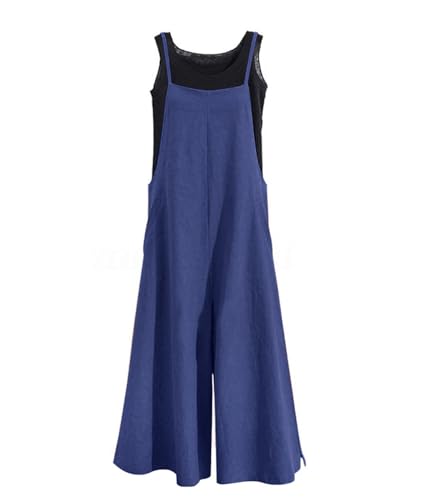 YESNO Women Casual Loose Long Bib Pants Wide Leg Jumpsuits Baggy Cotton Rompers Overalls with Pockets (M PZZTYP2 Navy Blue)
