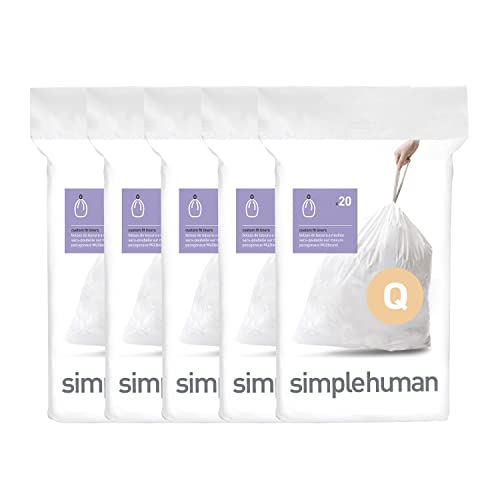 simplehuman Code Q Genuine Custom Fit Drawstring Trash Bags in Dispenser Packs, 100 Count, 50-65 Liter / 13-17 Gallon, White