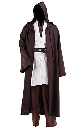 Halloween Tunic Costume Set Cosplay Outfit for Jedi Brown with White Hooded Robe (Large, White)
