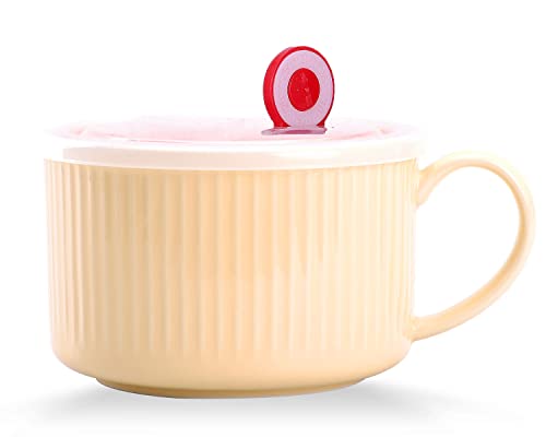 WHJY 30oz Ceramic Bowl with Lid and Handle for Soup and Instant Noodles Soup Mug, Modern Simple Style, with Heat Preservation Handle - Yellow