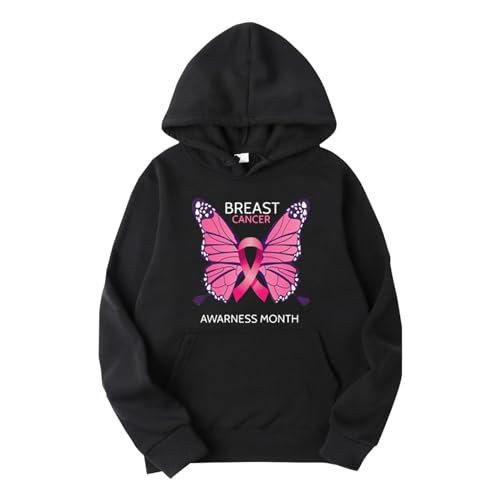 BLUBUKLKUN lightning deals of today Breast Cancer Awareness Sweatshirt Women Long Sleeve Loose Solid Color Breast Cancer Prevention Printing (Black-C, S)