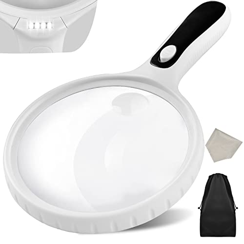 Magnifying Glass with Light, 4.92 Inch Large Magnifier, 2X 5X Handheld Illuminated Lighted Magnifier with 4 Bright LED Lights, Storage Bag, Clean Cloth for Seniors Reading, Kids Exploring, Map (White)