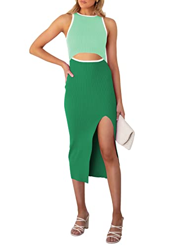 Pink Queen Sexy Dresses for Women Sleeveless Bodycon Cutout Casual Slit Knit Summer Vacation Midi Dress Green S