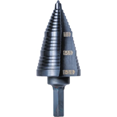 Klein Tools KTSB15 Step Drill Bit #15 Double Fluted 7/8 to 1-3/8-Inch with Easy-to-Read Step Markings and Targets, 3/8-Inch Hex Shank