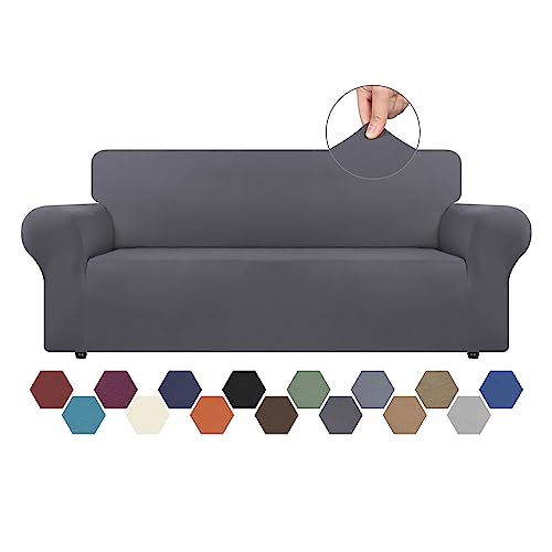 CWK Stretch Couch Covers for 3 Cushion Couch Sofa Spandex Non-Slip Soft Couch Sofa Cover Slipcovers,Furniture Protector with Non Skid Foam and Elastic Bottom for Kids,Dogs(Large, Dark Grey)