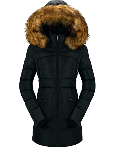 CHERFLY Women's Winter Puffer Coat Heavy Warm Long Parka Down Jacket with Fur Hood,Black,XX-Large