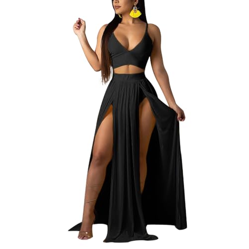 Women Sexy 2 Piece Outfits Dress Chiffon Strap Deep V Neck Bra Crop Top High Split Maxi Dresses Skirt Set Black M