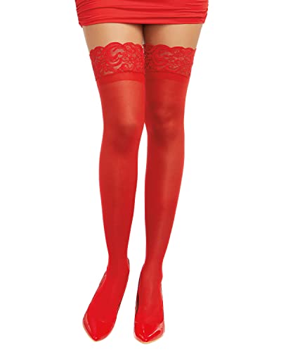 Dreamgirl Women's Sheer Thigh High Pantyhose, Hosiery, Nylons, Stockings with Comfort Lace Top Anti-Slip Silicone Elastic Band, Red, One Size