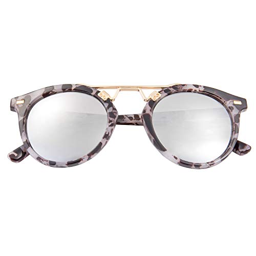 LEMON GRASS Womens Sunglasses | Vintage Tortoise Style | Retro Round Mirrored Lens | Horned Rim Sun Glasses (Grey, Multicoloured)
