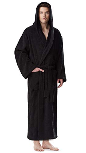 Arus Mens Hooded Classic Turkish Cotton Bath Robe with Full Length Options Black, Large-X-Large