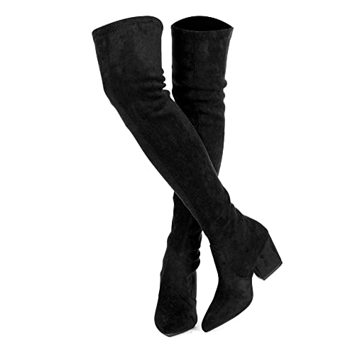 Over The Knee Boots For Women Chunky Heel Thigh High Black Size 9 Block Heel Boot Women Pointed Toe Stretch Low Heel OTK Boots For Women