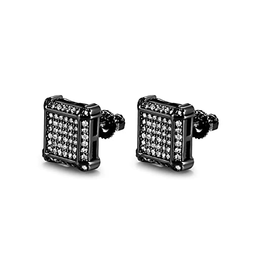 Black Stud Earrings 925 Sterling Silver Iced Out Cubic Zirconia Screw Back Square Stud Earring For Men and Women Hypoallergenic Earring Micropave Hip Hop Jewelry CHARLINLIOL