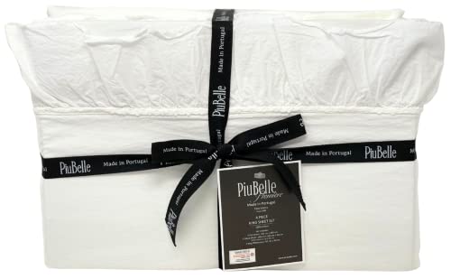 PiuBelle Piu Belle Portugal Luxury King Size 4 Piece Ruffle Lace 100% Cotton Sheet Set Solid White with Frayed Edges Shabby Chic Farmhouse Style
