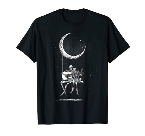 Halloween Skeleton Couple Guitar Moon Band Tee Rock And Roll T-Shirt