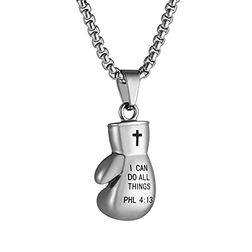 HZMAN Boxing Glove Cross Pendant, I CAN DO ALL THINGS STRENGTH Bible Verse Stainless Steel Necklace 22+2' Chain