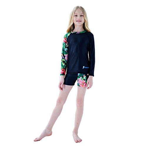 Ovovod Girls Swimsuit Two Piece Rash Guard Set for 4-14 Years UPF 50+ UV Protective Long Sleeve Swimwear Black/Flower