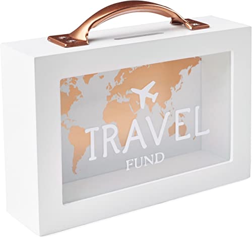 Shadow Money Box for Saving Travel Fund - Decorative Money Box - Wooden Piggy Bank - White Saving Box for Coins with Handle - Coin Bank Money Bank - Travel Fund Box for Adults - Money Saver