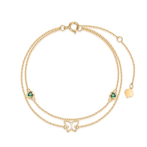 SISGEM 14K Real Gold Butterfly Bracelet for Women,Yellow Gold Heart Butterfly Bracelets Double Chains Hand Link Anniversary Birthday Jewelry Gifts for Wife Girlfriend 6.5''-8.5''