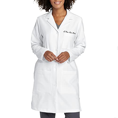 Personalized Embroidered Lab Coat for Women with Medical Specialty ICON & Your Name or Text, 13 Thread Colors - Custom Embroidered Women's Laboratory Coats w/ 3 Pockets & Long Sleeve, White - Large