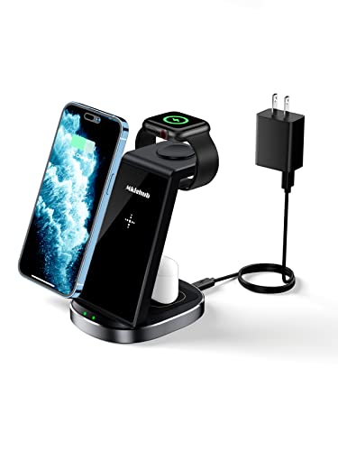 3-in-1 Charging Station for Apple Devices - Fast Wireless Charger for iPhone & Watch - Compatible with iPhone 14/13/12/11/SE/X/8 & iWatch 8/7/6/SE/5/4/3/2 - Also Works with AirPod 2/3/Pro - 18W