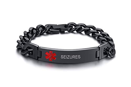MEALGUET SEIZURES Emergency Stainless Steel Curb Cuban Chain ID Bracelet Medical Alert Identification Wristband for Men