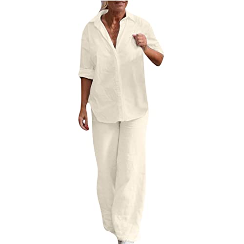 oelaio Discount Prime Membership with Ebt Prime Big Deals 2023 Women Casual Cotton Linen 2 Piece Sets Loose Cute Roll Up Sleeve V-Neck Tops with Wide Leg Pants Loungewear Set