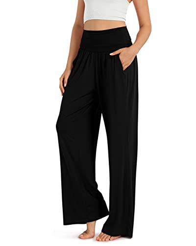 ODODOS Women's Wide Leg Palazzo Lounge Pants with Pockets Light Weight Loose Comfy Casual Pajama Pants-28 inseam, Black, X-Large