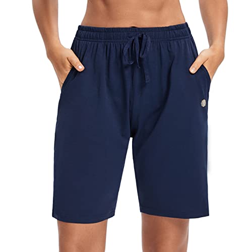 LUCKYCATCUS Women's Bermuda Shorts Jersey Shorts with Pockets Yoga Walking Athletic Long Shorts for Women Knee Length (Navy Blue, XL)