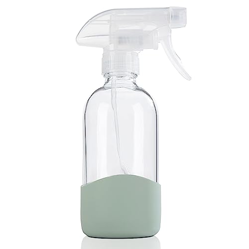 HOMBYS 8 Oz Empty Clear Glass Spray Bottles with Silicone Sleeve Protection Refillable Containers for Cleaning Solutions, Essential Oils, Misting Plants - Quality Sprayer - 1 Pack Boston Bottles