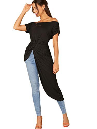 SheIn Women's Elegant Asymmetrical Twist Front Off Shoulder Top Plain High Low Blouse Black Large