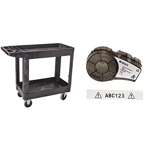 Rubbermaid Commercial Products 2-Shelf Utility/Service Cart, Small, Lipped Shelves & Brady Authentic (M21-500-595-WT) All-Weather Vinyl Label for Indoor/Outdoor ID