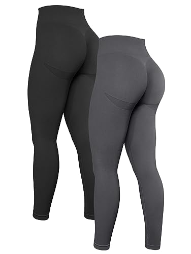 OQQ Women's 2 Piece High Waist Workout Butt Lifting Leggings Tummy Control Ruched Booty Smile Yoga Pants Black Darkgrey
