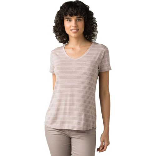 prAna Women's Foundation Short Sleeve V-Neck T-Shirt, Sparrow Heather Stripe, Medium