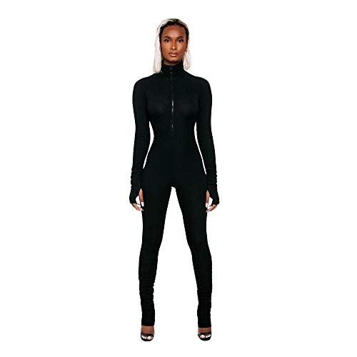 XLLAIS Women's Long Sleeve High Neck Zipper Bodycon Tight Full Length Jumpsuits Rompers One Piece Outfits Black M