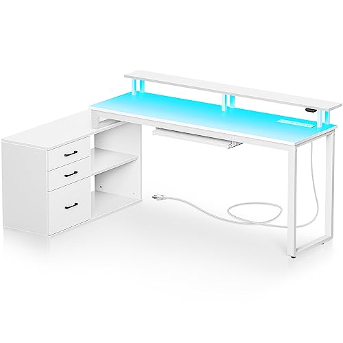 Rolanstar Computer Desk with Drawers and Power Outlet, White Reversible L Shaped Desk with LED Strip & Keyboard Tray, 55 Inch Home Office Corner Study Writing Table with Monitor Stand