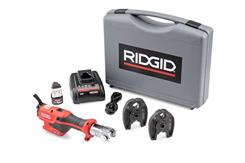 RIDGID 72553 Model RP 115 Mini Press Tool and Battery Kit with 1/2' to 3/4' ProPress Press Tool Jaws, 2V Li/Ion Battery, 12V Charger, and Carrying Case , Red