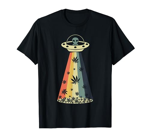 Vintage Alien Weed Pot Leaf UFO Abduction Marijuana Cannabis T-Shirt