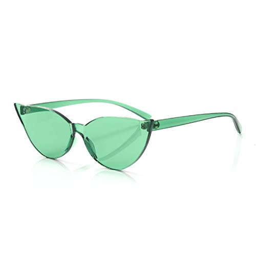 OLINOWL Cat Eye Rimless Sunglasses Oversized One Piece Colored Transparent Eyewear Retro Eyeglasses for Women Men ?, Green, Cateye