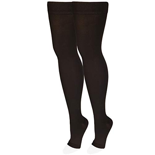 NuVein Medical Compression Stockings, 20-30 mmHg Support, Women & Men Thigh Length Hose, Open Toe, Black, X-Large