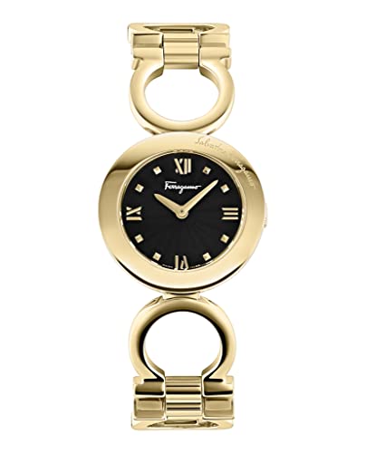 Ferragamo Womens Swiss Made Watch Gancino Collection Featuring Adjustable Luxurious Gold Tone Stainless Steel Link Bracelet with Jewelry Clasp Closure and Black Sunray Dial 2 Hand Swiss Quartz