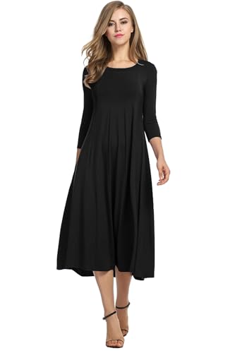 HOTOUCH Women's 3/4 Sleeve A-line and Flare Midi Long Dress, Black XL