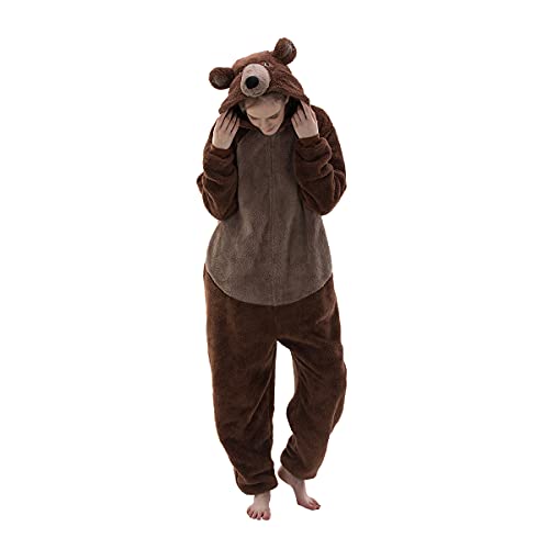 COSUSKET Fitted Unisex Adult Bear Onesie Pajamas, Halloween Sherpa Women's Cosplay Animal One Piece Costume (Brown, Large)