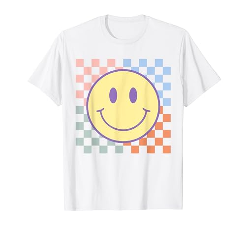 Retro Happy Face Shirt Checkered Pattern Smile Face Trendy T-Shirt