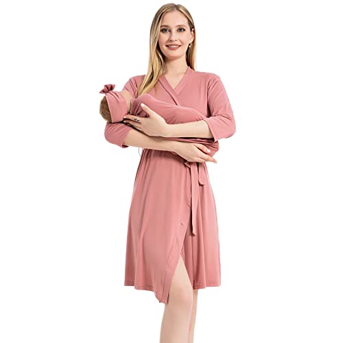 Galabloomer Maternity Robe and Baby Receiving Blanket,  Matching Mommy Labor Delivery Robe and Swaddle Set Dusty Rose