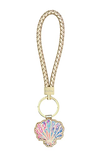 Lilly Pulitzer Durable Leatherette Strap Key Chain, Gold Wristlet Keychain with Cute Seashell Charm Accessory, Splashdance