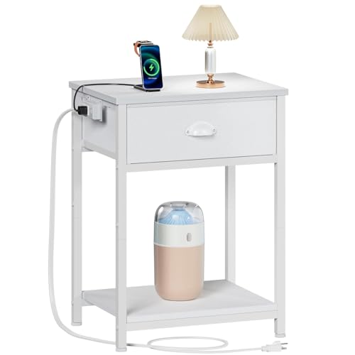 Furologee White Nightstand with Charging Station, Small Bed Side Table with Fabric Drawer for Small Spaces, 2 Tiers Storage Shelves End Table for Living Room, Bedroom, Dorm
