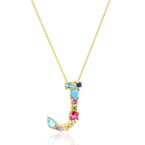 LAVLA Initial Letter Necklace - 18k Gold Plated Colorful Cubic Zirconia Crystal Pendant for Women Girls 26 Letters Alphabet Pendant A-Z, 16'+2 (J)