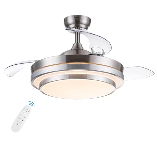 POCHFAN Retractable Ceiling Fan with Lights Remote Control, Dimmable 42 Inch Modern Fandelier Ceiling Fan for Bedroom Living Room etc, LED 3 Color, Quiet DC Motor, 6 Speed, Brush Nickel