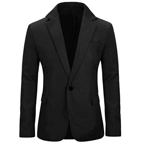 Men's Slim Fit Casual One Button Notched Lapel Blazer Jacket (Black, L)